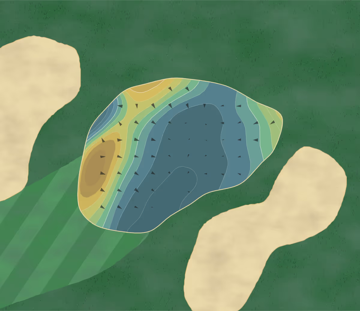 Green contour map of North Greens in Atlanta, Illinois — 118 elevation contours at a 3-inch interval with fall-line arrows, traced from 1-meter lidar