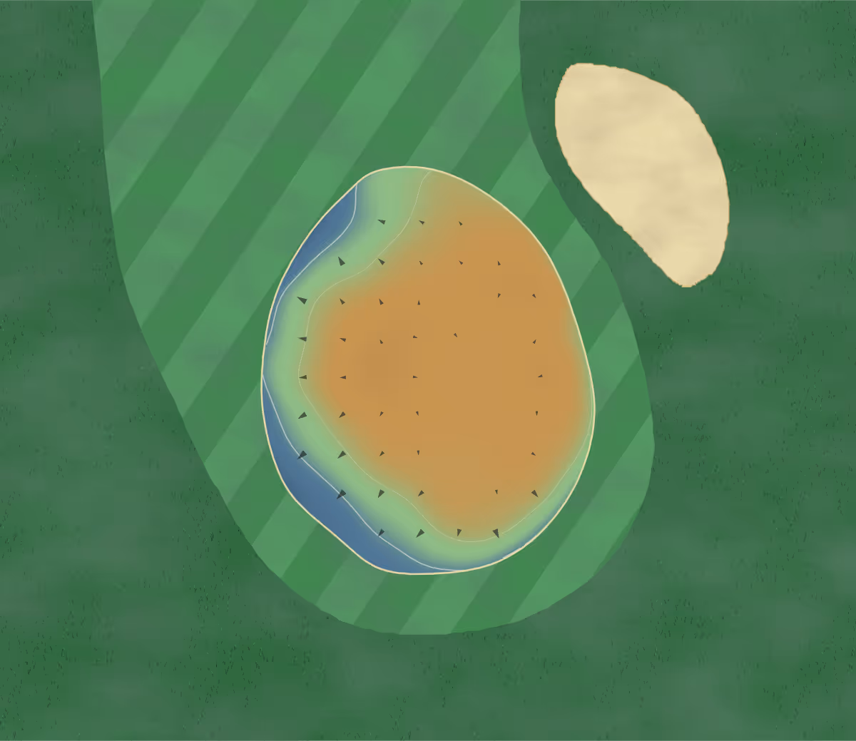 Green contour map of North Lakes in Mango Hill, Australia — 34 elevation contours at a 8-centimeter interval with fall-line arrows, traced from 1-meter lidar