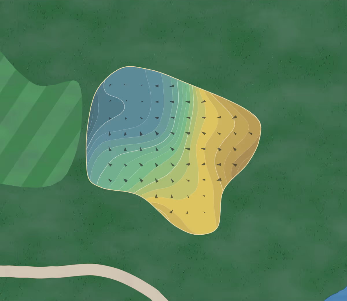Green contour map of North Ranch in Westlake Village, California — 228 elevation contours at a 3-inch interval with fall-line arrows, traced from 1-meter lidar