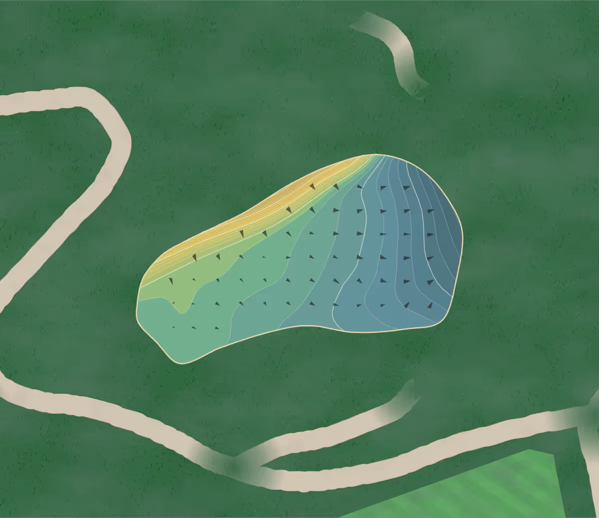 Green contour map of North Wales in Gwynnedd, Wales — 197 elevation contours at a 8-centimeter interval with fall-line arrows, traced from 1-meter lidar