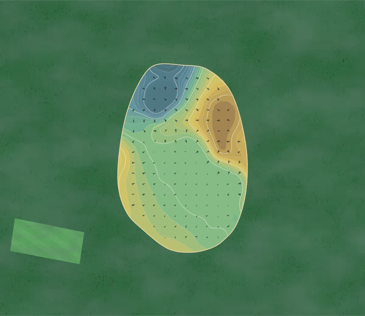 Green contour map of Northcliffe GC in Shipley, England — 256 elevation contours at a 8-centimeter interval with fall-line arrows, traced from 1-meter lidar