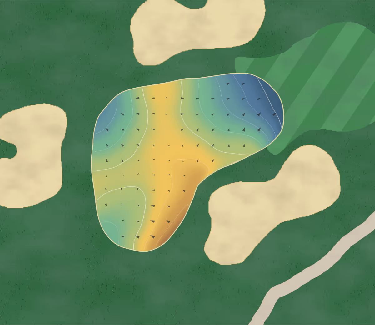 Green contour map of Northridge in Brantford, Canada — 70 elevation contours at a 8-centimeter interval with fall-line arrows, traced from 1-meter lidar