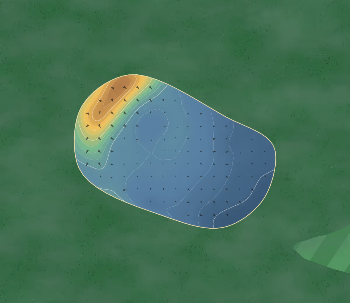 Green contour map of Nottingham City in Nottingham, England: 126 elevation contours at a 8-centimeter interval with fall-line arrows, traced from 1-meter lidar