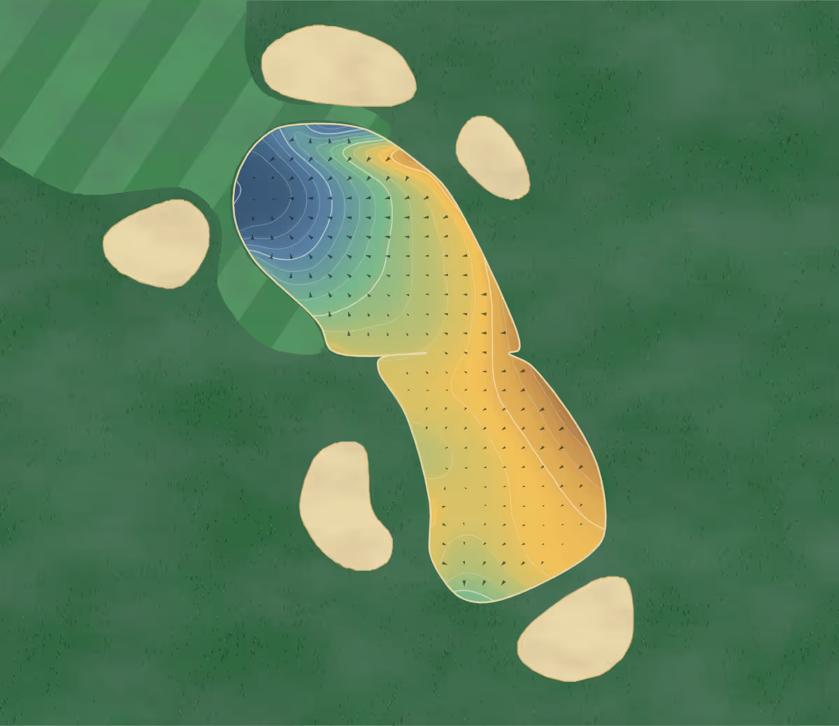 Green contour map of Nunfield in Dumfries, Scotland: 163 elevation contours at a 8-centimeter interval with fall-line arrows, traced from 1-meter lidar