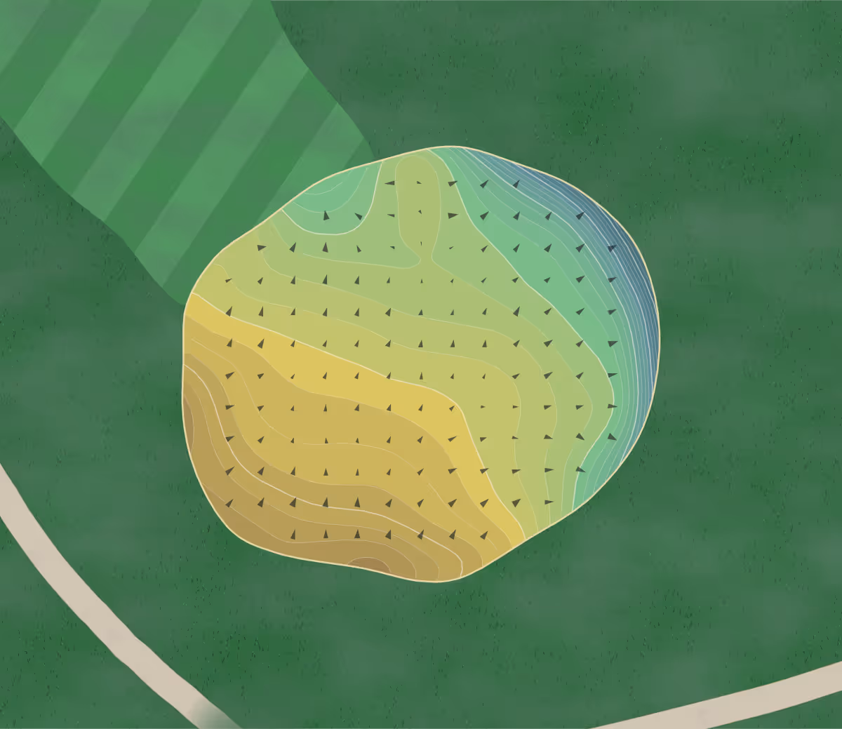 Green contour map of O Bannon in Loveland, Ohio — 292 elevation contours at a 3-inch interval with fall-line arrows, traced from 1-meter lidar