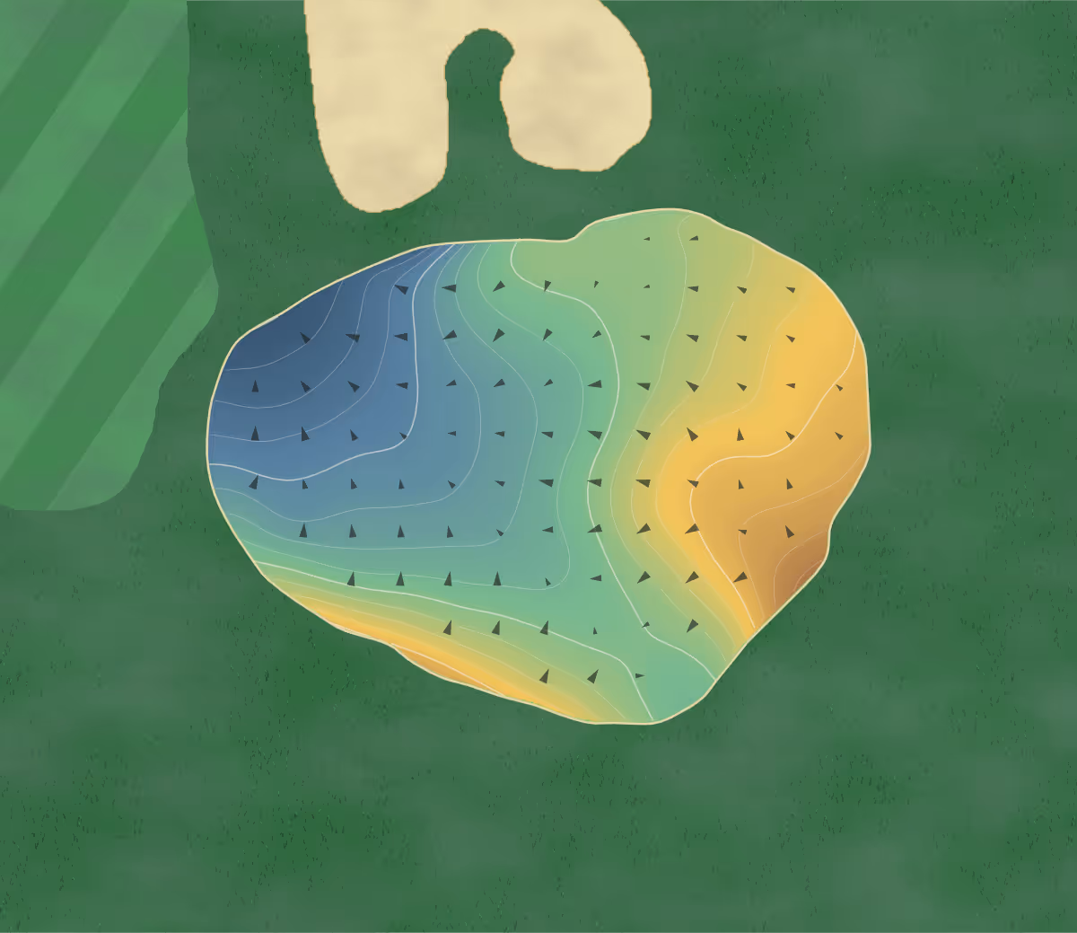 Green contour map of Oak Creek in Irvine, California — 219 elevation contours at a 3-inch interval with fall-line arrows, traced from 1-meter lidar