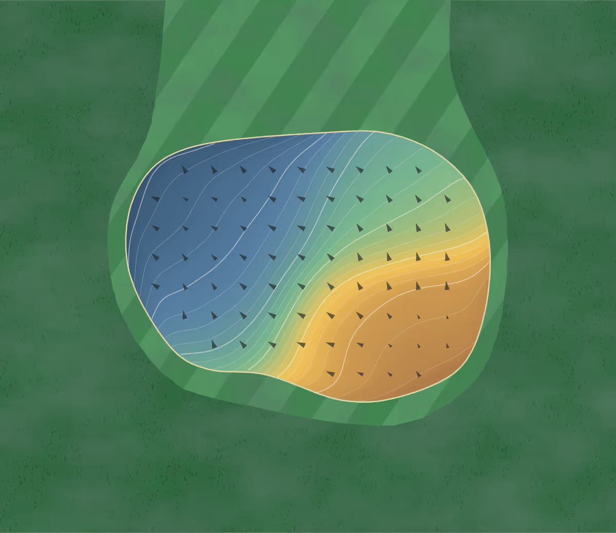 Green contour map of Oak Hills GC in Charlotte, North Carolina: 160 elevation contours at a 3-inch interval with fall-line arrows, traced from 1-meter lidar