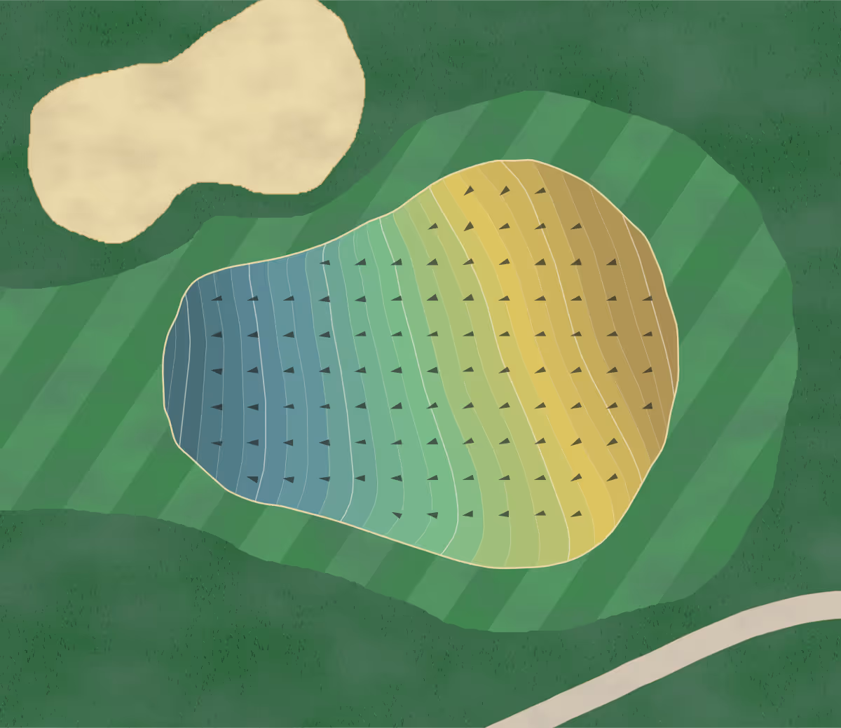 Green contour map of Oak Meadow in Evansville, Indiana — 286 elevation contours at a 3-inch interval with fall-line arrows, traced from 1-meter lidar