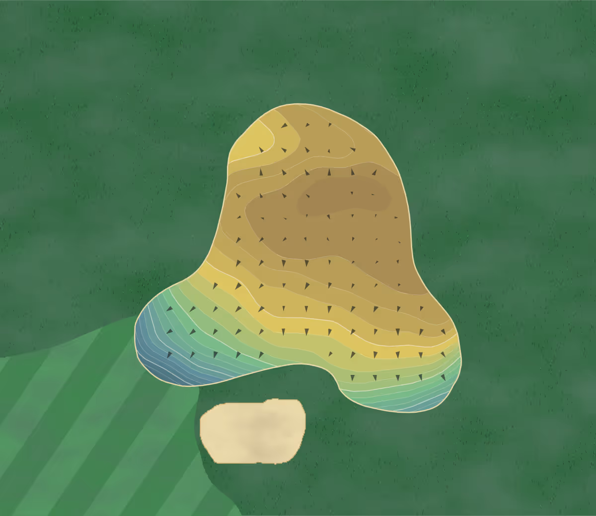 Green contour map of Oak Meadow in Rolla, Missouri — 223 elevation contours at a 3-inch interval with fall-line arrows, traced from 1-meter lidar