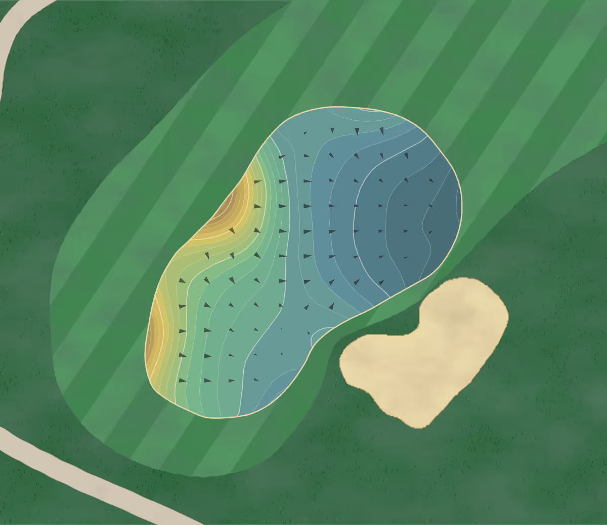 Green contour map of Oak Quarry in Riverside, California — 277 elevation contours at a 3-inch interval with fall-line arrows, traced from 1-meter lidar