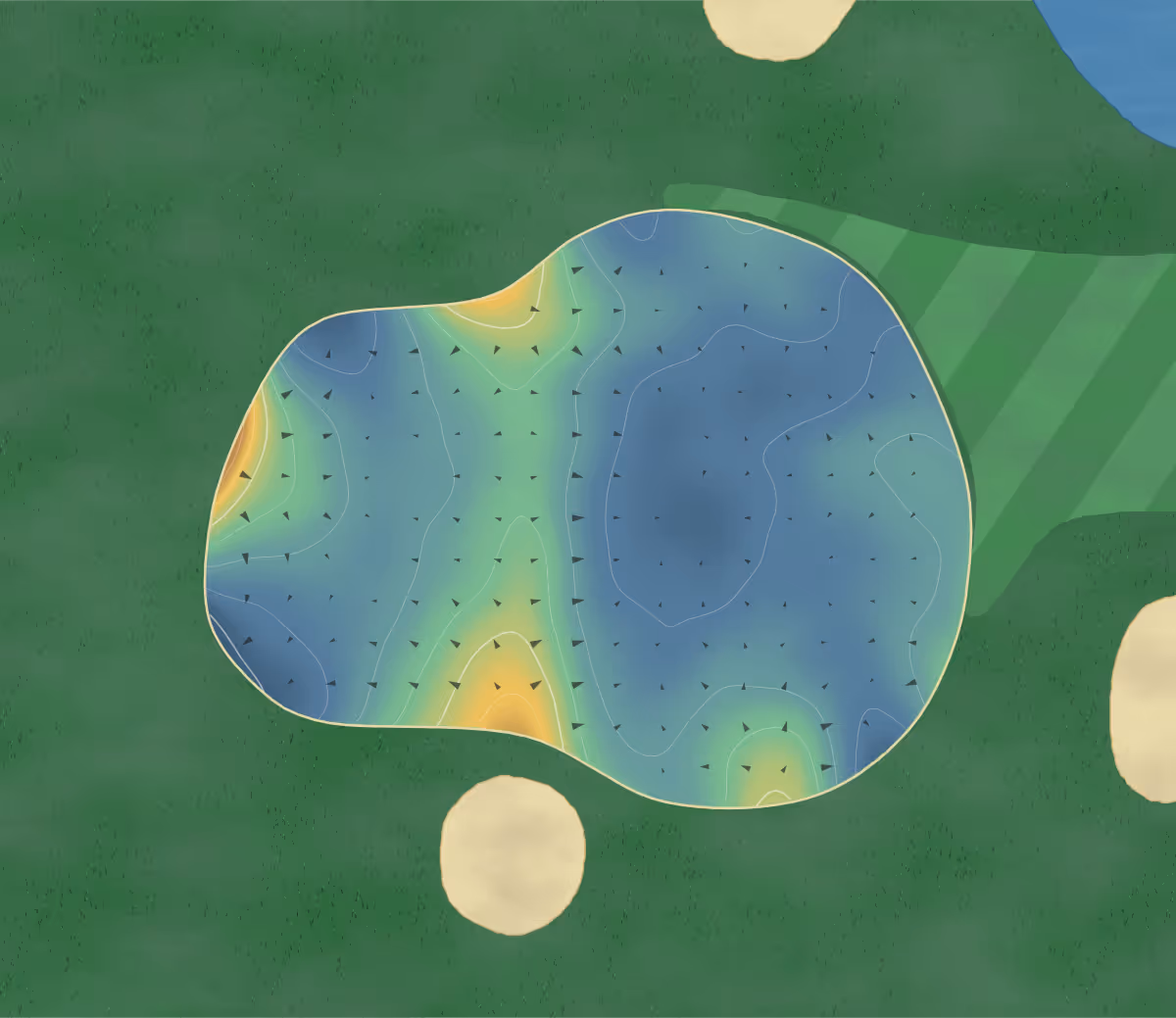Green contour map of Oak Ridge Golf Club in New Haven, Michigan — 128 elevation contours at a 3-inch interval with fall-line arrows, traced from 1-meter lidar