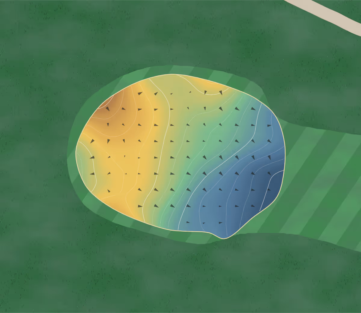 Green contour map of Oak Run Public Golf Course in Dahinda, Illinois — 164 elevation contours at a 3-inch interval with fall-line arrows, traced from 1-meter lidar
