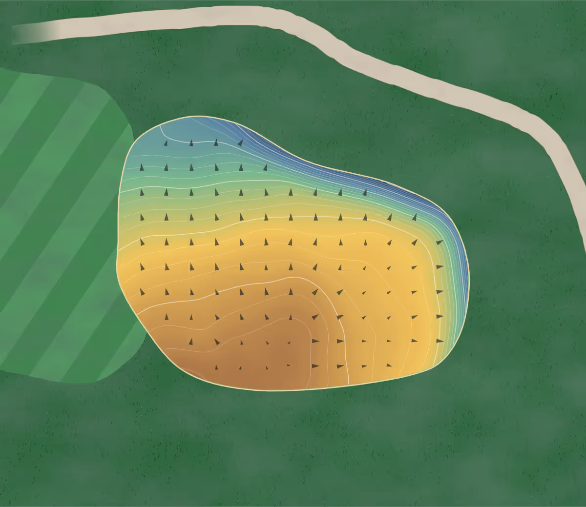 Green contour map of Oak View in Aledo, Illinois: 164 elevation contours at a 3-inch interval with fall-line arrows, traced from 1-meter lidar