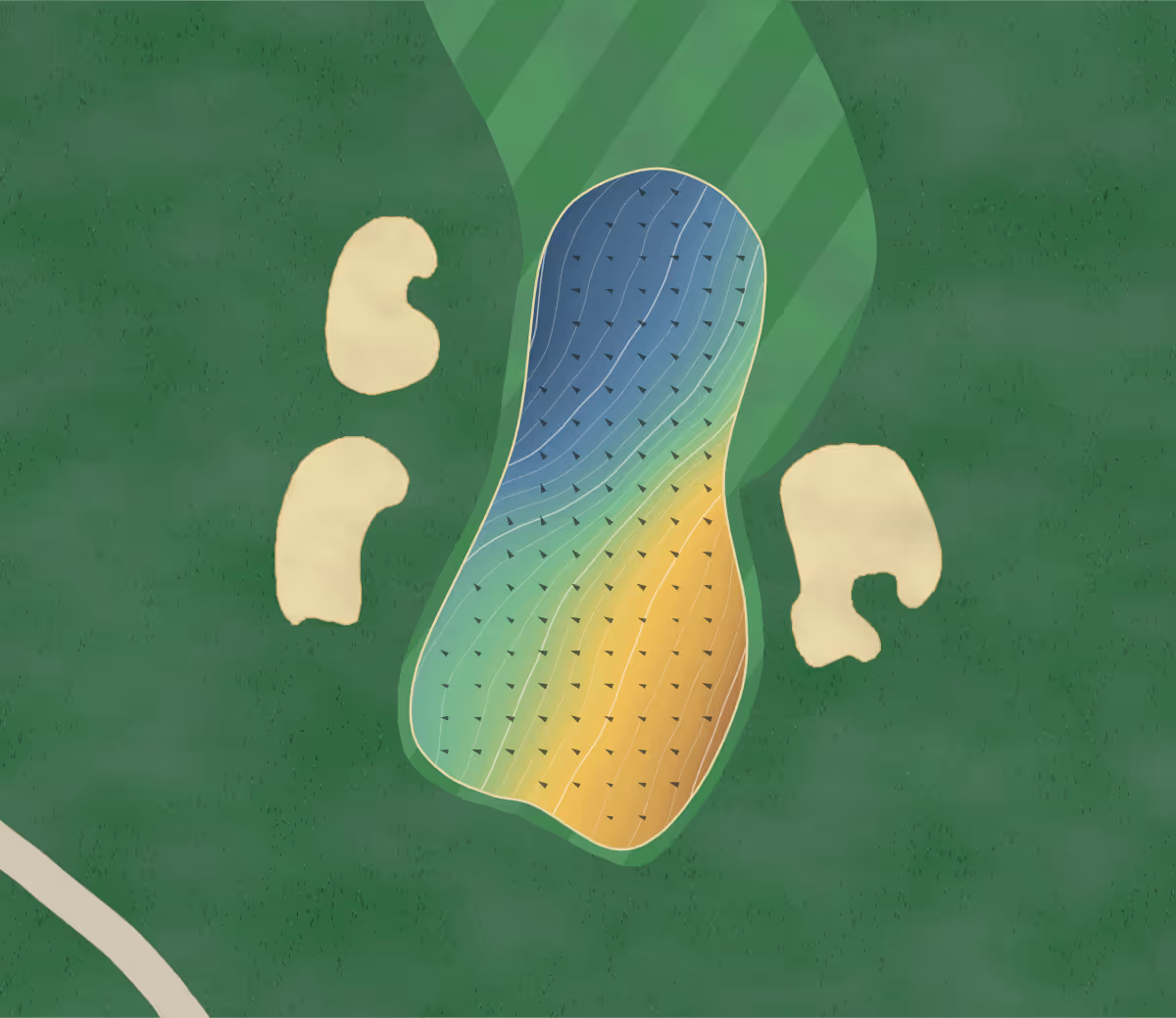 Green contour map of Oakdale Golf and Country Club Thompson in Toronto, Canada — 324 elevation contours at a 8-centimeter interval with fall-line arrows, traced from 1-meter lidar