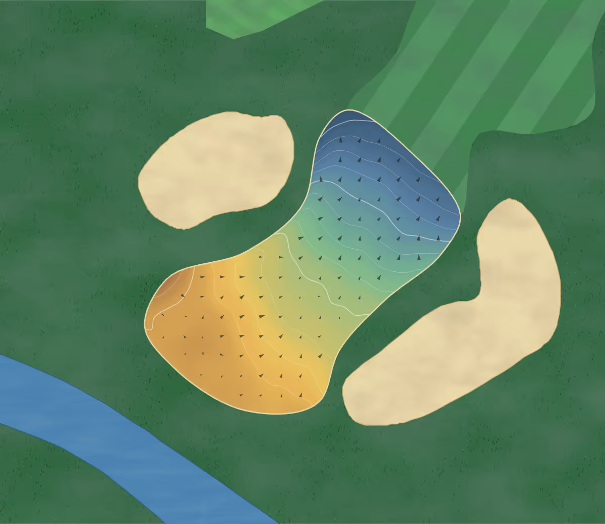 Green contour map of Oake Manor in Taunton, England: 30 elevation contours at a 8-centimeter interval with fall-line arrows, traced from 1-meter lidar