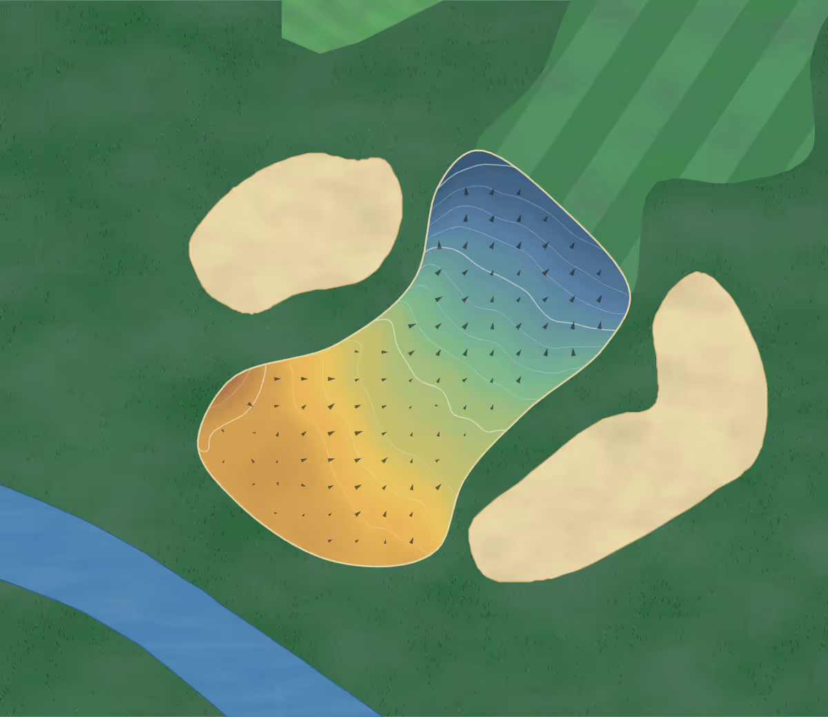Green contour map of Oake Manor in Taunton, England — 30 elevation contours at a 8-centimeter interval with fall-line arrows, traced from 1-meter lidar