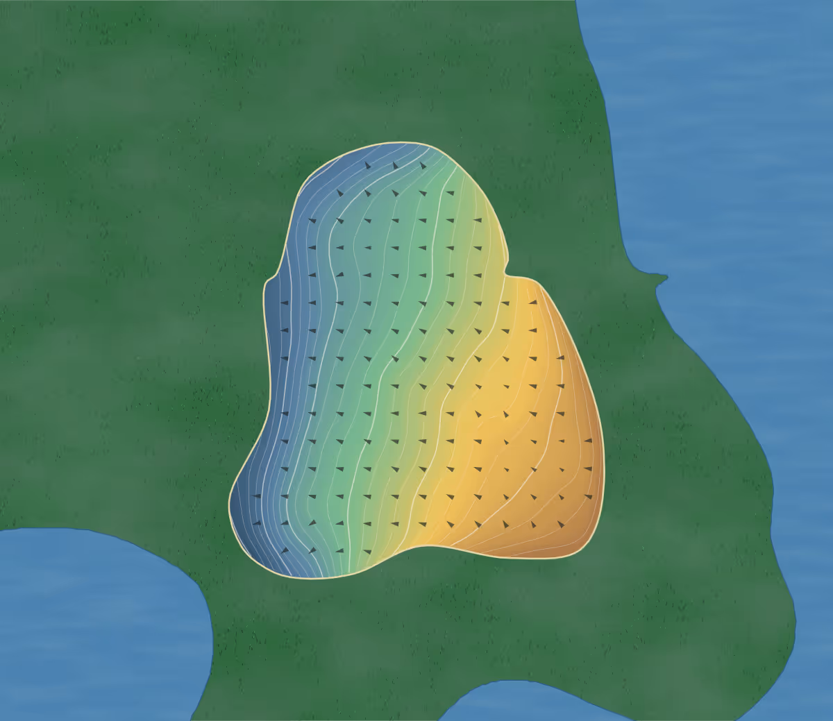 Green contour map of Oakes in Oakes, North Dakota: 125 elevation contours at a 3-inch interval with fall-line arrows, traced from 1-meter lidar