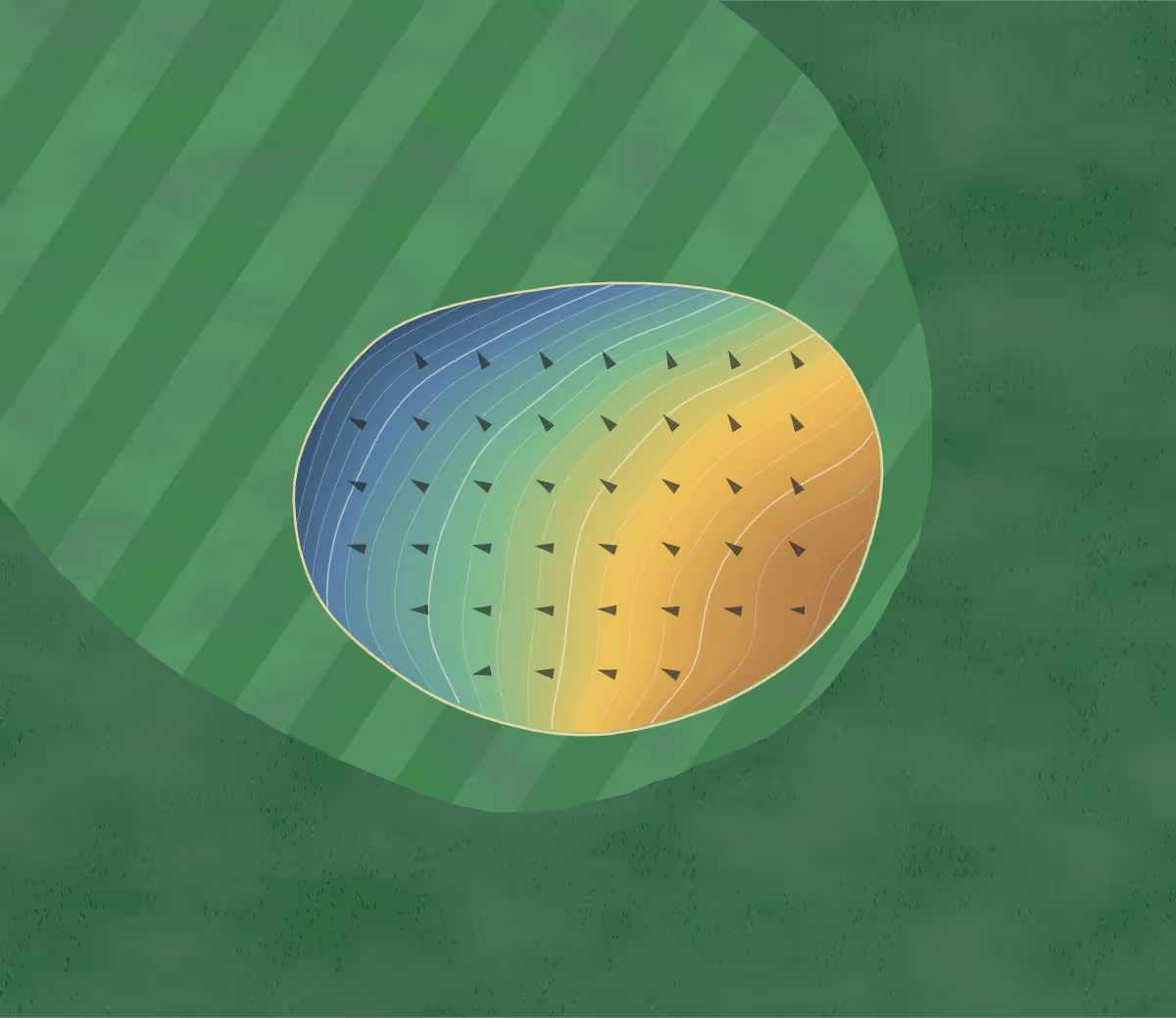 Green contour map of Oakland CC in Oakland, Nebraska: 124 elevation contours at a 3-inch interval with fall-line arrows, traced from 1-meter lidar