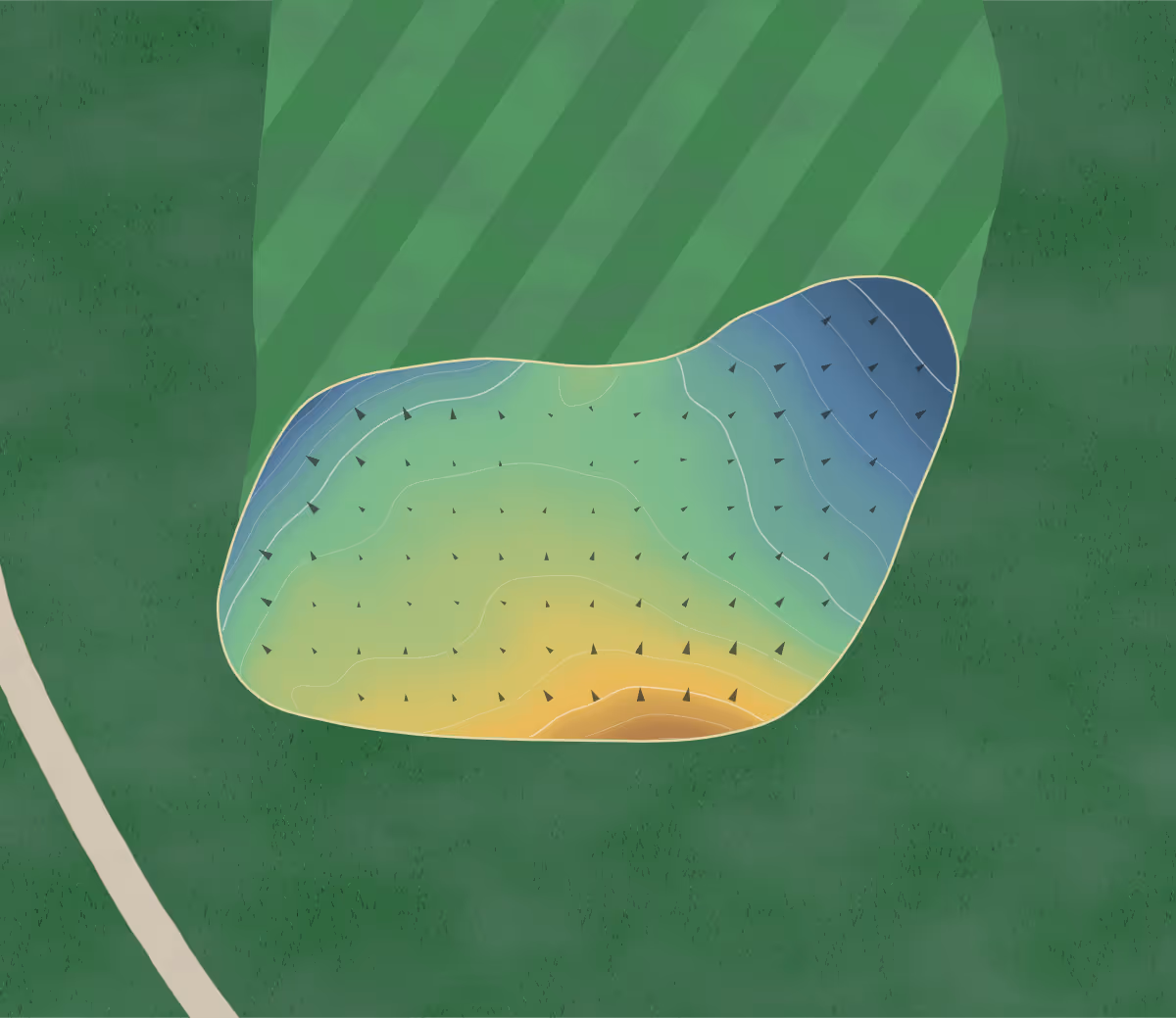 Green contour map of Oakland in Oakland, Maryland — 189 elevation contours at a 3-inch interval with fall-line arrows, traced from 1-meter lidar