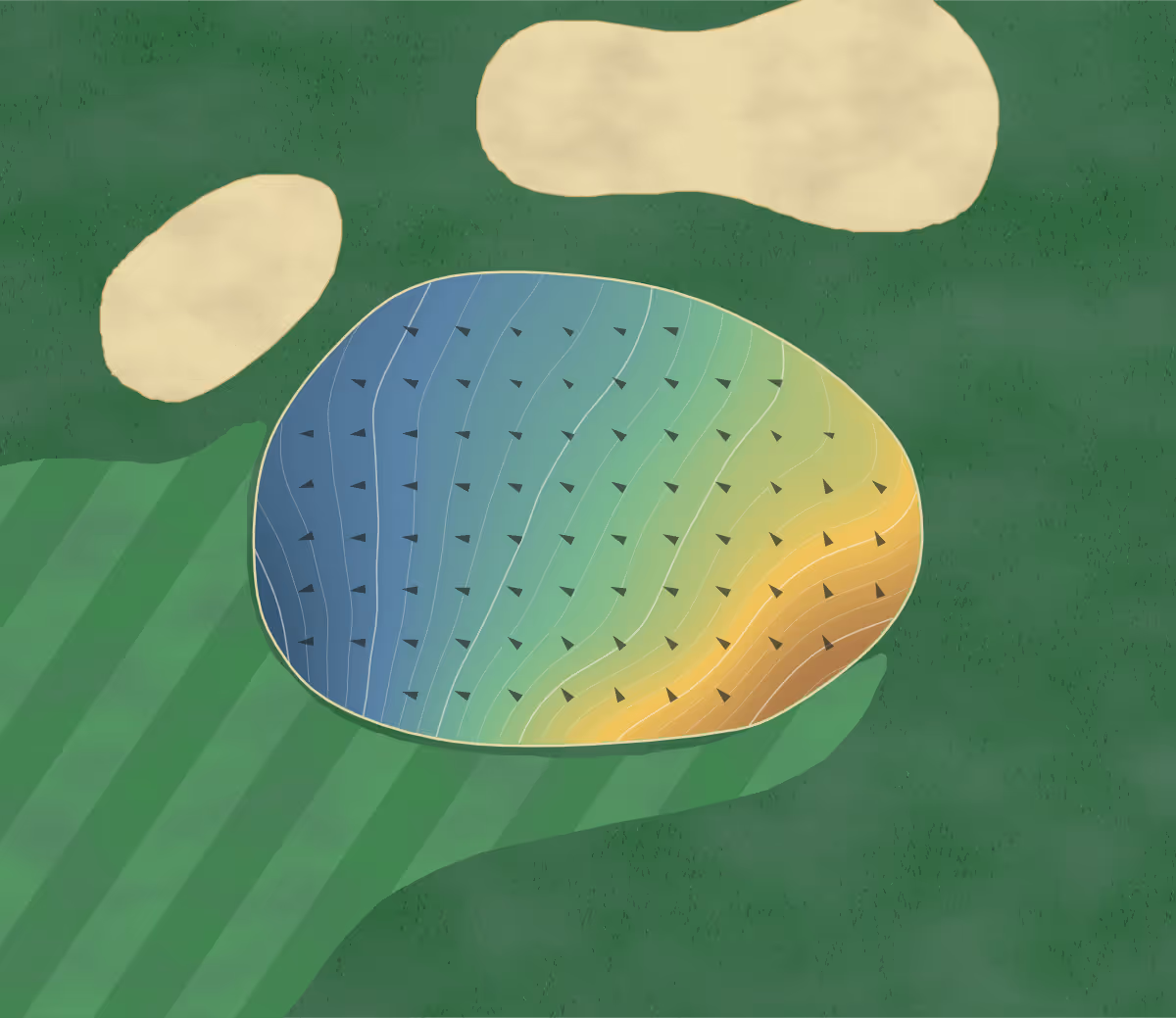 Green contour map of Oakland Greens in Norwood, Canada: 176 elevation contours at a 8-centimeter interval with fall-line arrows, traced from 1-meter lidar