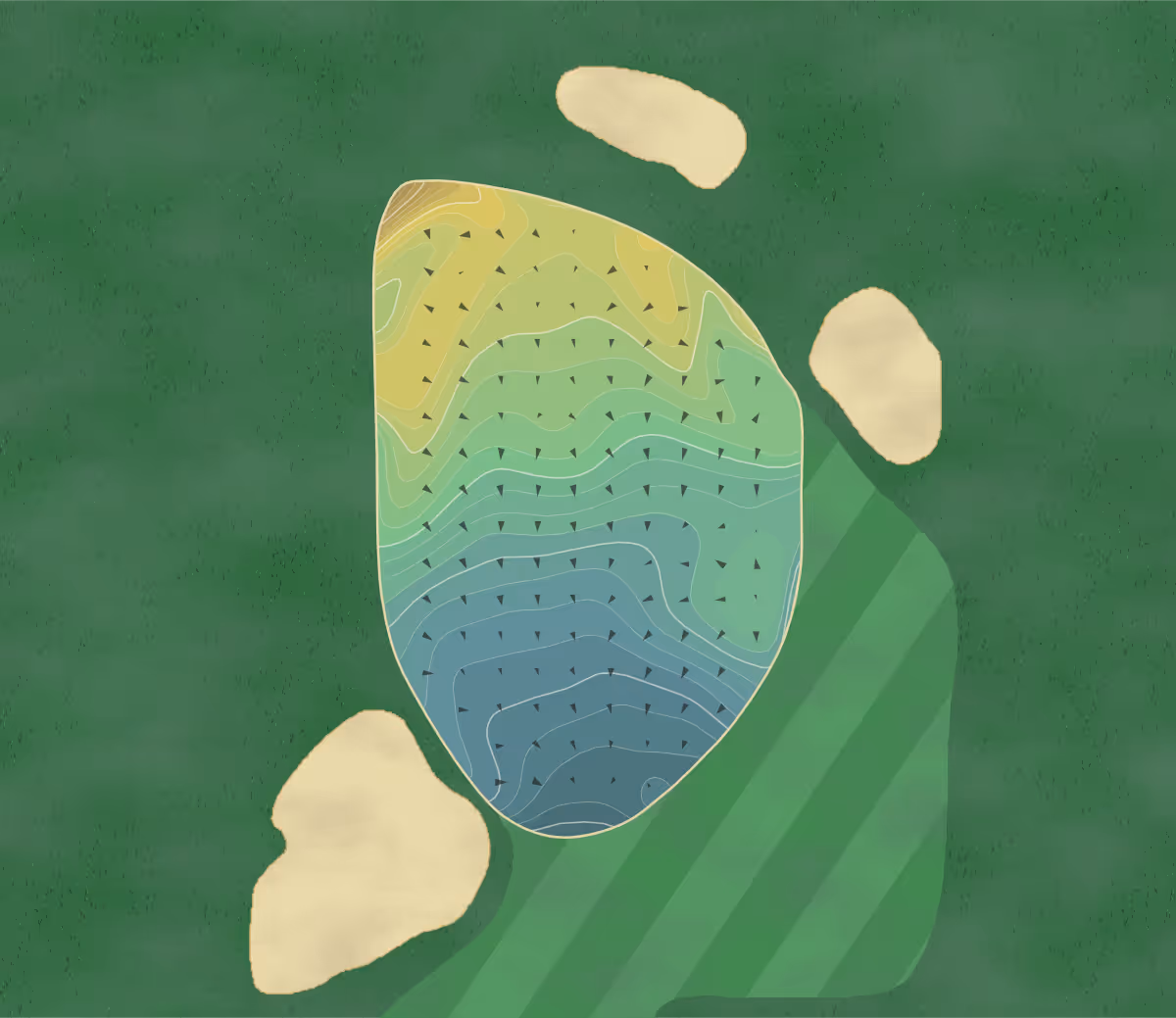 Green contour map of Oakland Hills in Bloomfield Hills, Michigan — 379 elevation contours at a 3-inch interval with fall-line arrows, traced from 1-meter lidar