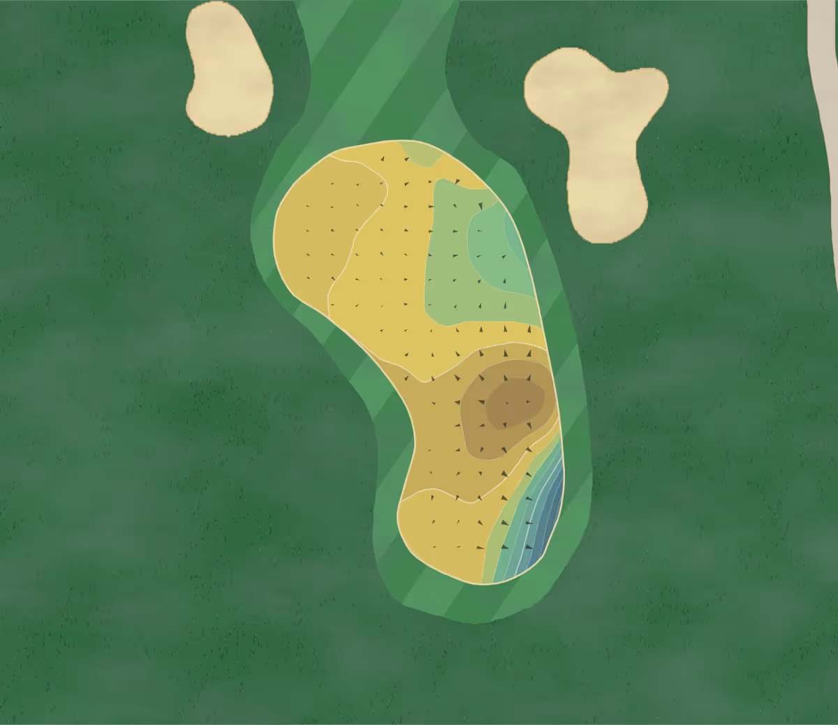 Green contour map of Oakland Park in Buckinghamshire, England — 149 elevation contours at a 8-centimeter interval with fall-line arrows, traced from 1-meter lidar