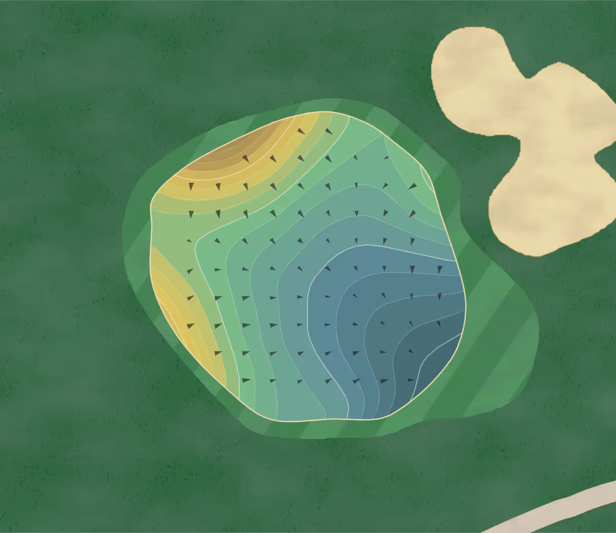 Green contour map of Oakleigh in The Villages, Florida — 136 elevation contours at a 3-inch interval with fall-line arrows, traced from 1-meter lidar