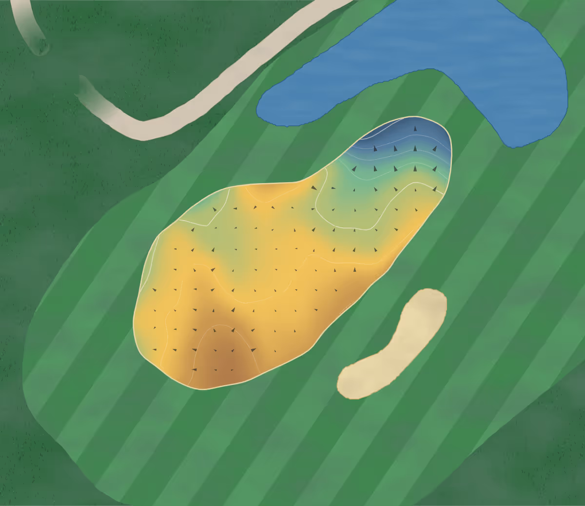 Green contour map of Oakmere Park in Southwell, England — 9 elevation contours at a 8-centimeter interval with fall-line arrows, traced from 1-meter lidar