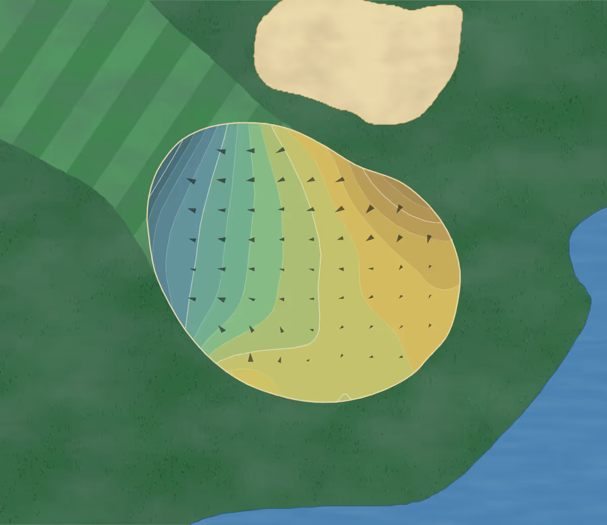 Green contour map of Oaks North - South in San Diego, California — 107 elevation contours at a 3-inch interval with fall-line arrows, traced from 1-meter lidar