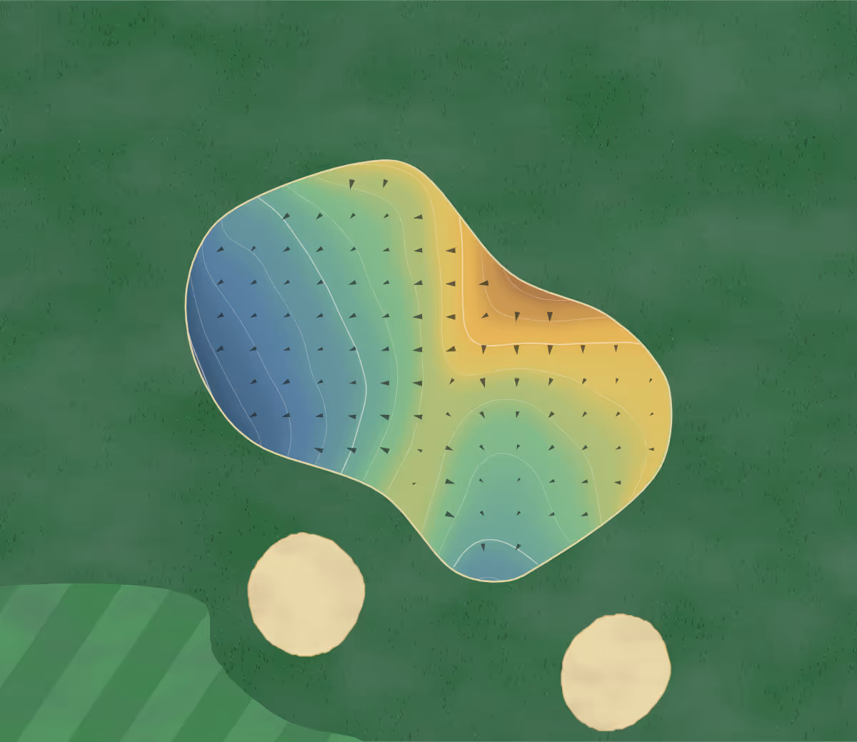 Green contour map of Oakville Executive in Oakville, Canada: 217 elevation contours at a 8-centimeter interval with fall-line arrows, traced from 1-meter lidar