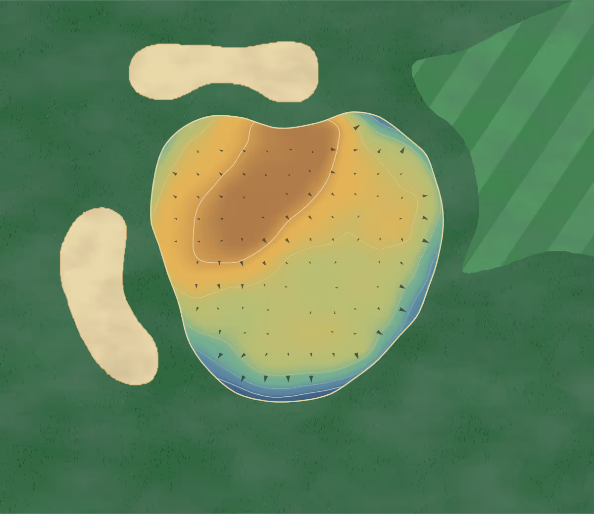Green contour map of Oakway Gc in Eugene, Oregon — 106 elevation contours at a 3-inch interval with fall-line arrows, traced from 1-meter lidar