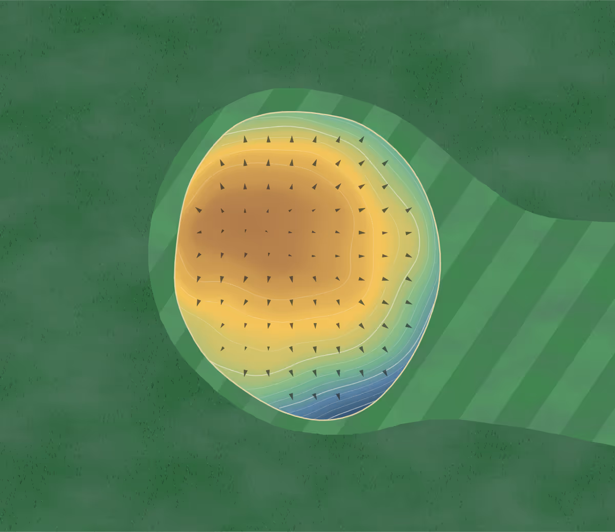 Green contour map of Oakwood in Conrad, Iowa: 65 elevation contours at a 3-inch interval with fall-line arrows, traced from 1-meter lidar