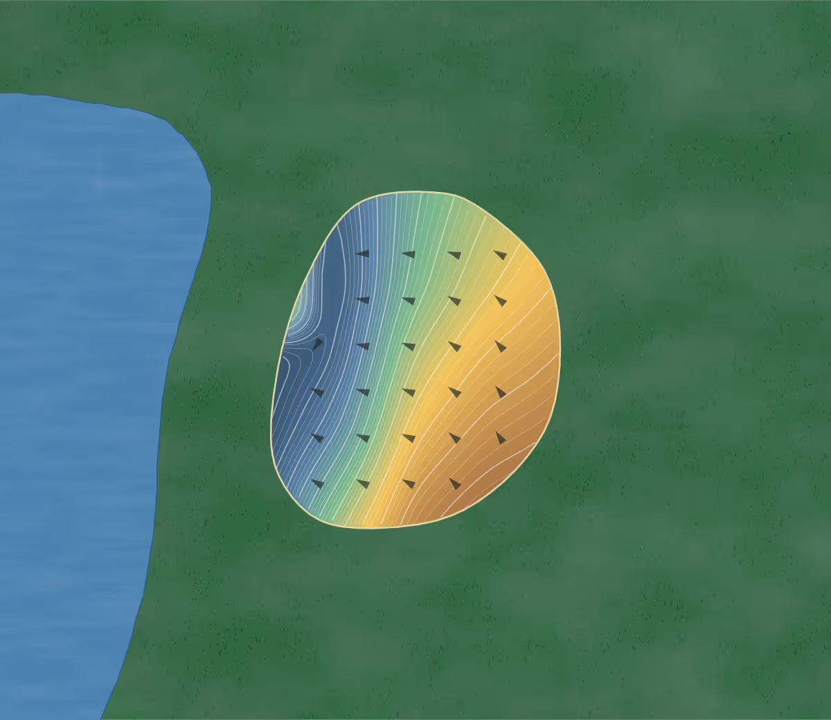 Green contour map of Oami Green Golf in Oamishirasato, Japan: 114 elevation contours at a 8-centimeter interval with fall-line arrows, traced from 1-meter lidar