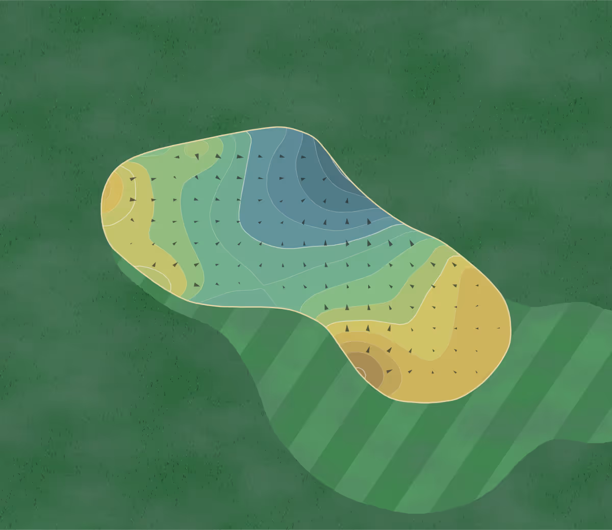 Green contour map of Oasis GC in Loveland, Ohio — 350 elevation contours at a 3-inch interval with fall-line arrows, traced from 1-meter lidar