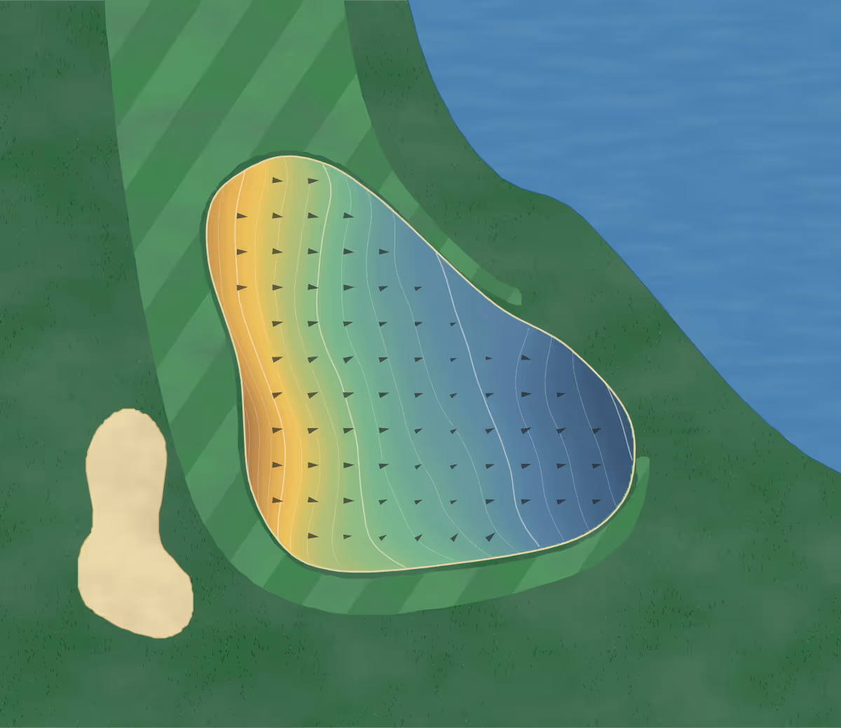 Green contour map of Oasis Golf Club The Canyons in Mesquite, Nevada: 90 elevation contours at a 3-inch interval with fall-line arrows, traced from 1-meter lidar