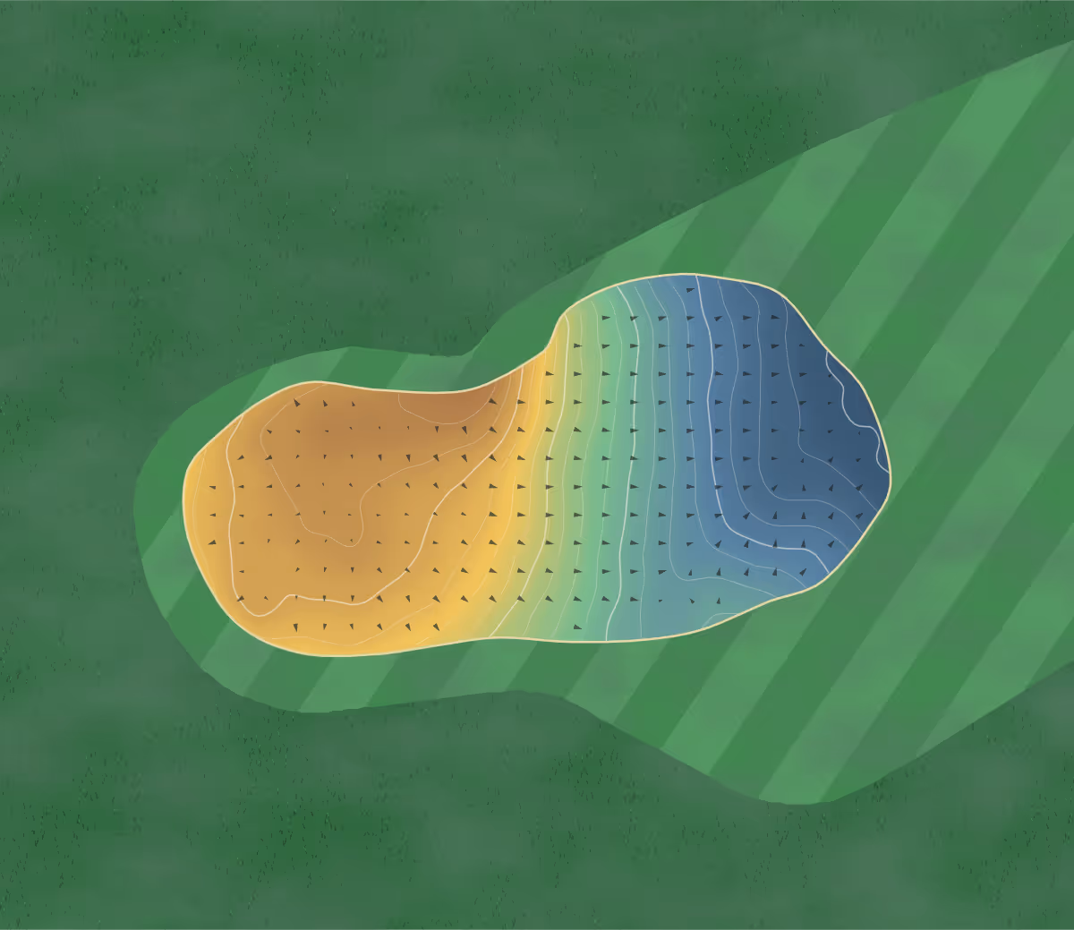 Green contour map of Oatridge in Ecclesmachan, Scotland: 89 elevation contours at a 8-centimeter interval with fall-line arrows, traced from 1-meter lidar