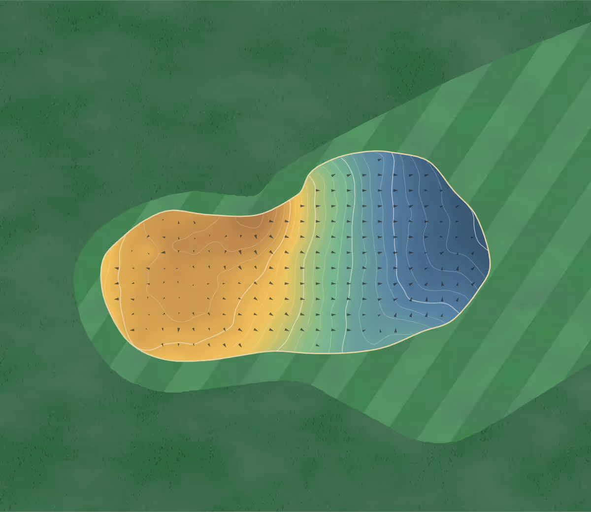 Green contour map of Oatridge in Ecclesmachan, United Kingdom — 91 elevation contours at a 8-centimeter interval with fall-line arrows, traced from 1-meter lidar