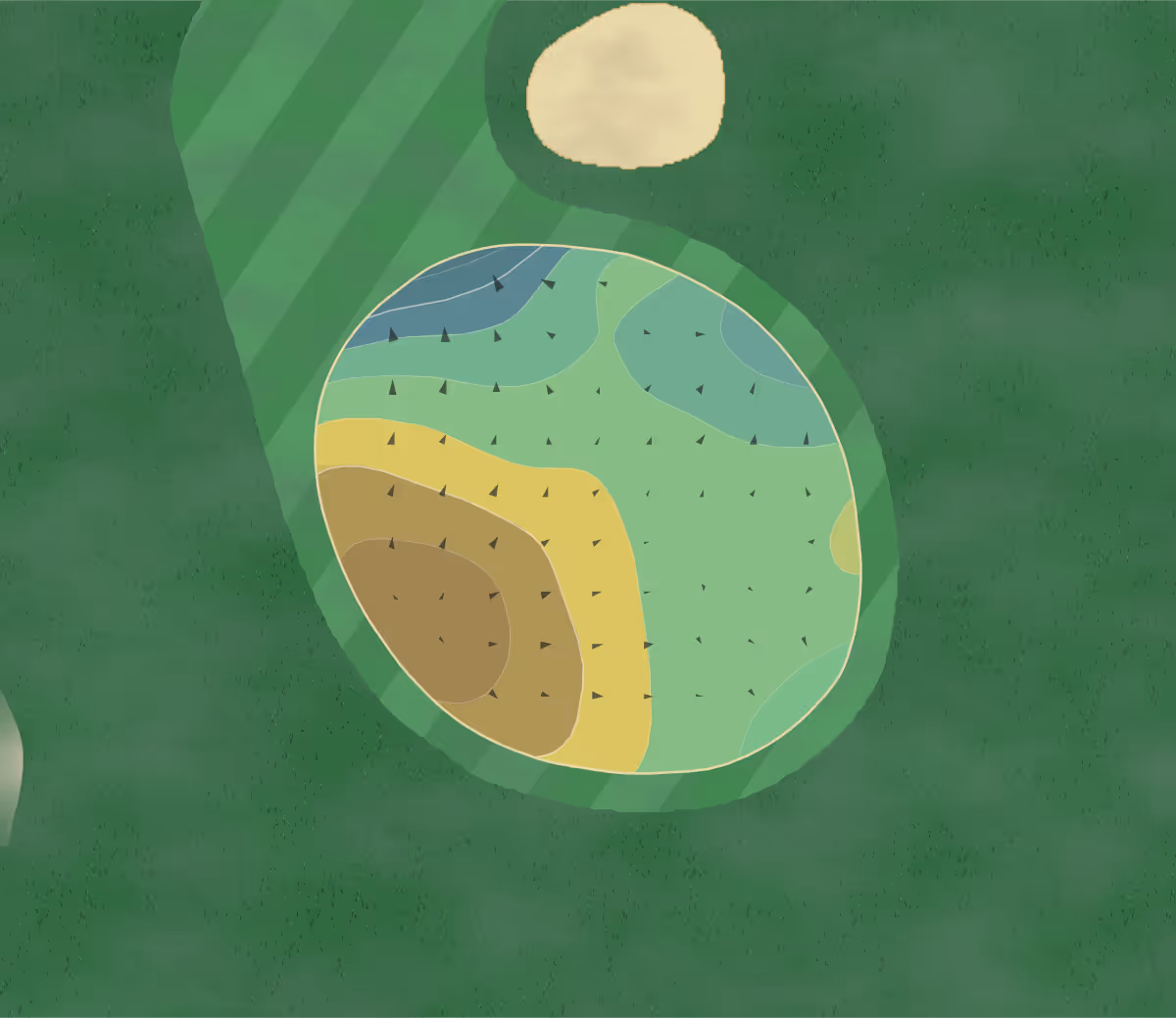 Green contour map of Odana Hills in Madison, Wisconsin — 145 elevation contours at a 3-inch interval with fall-line arrows, traced from 1-meter lidar