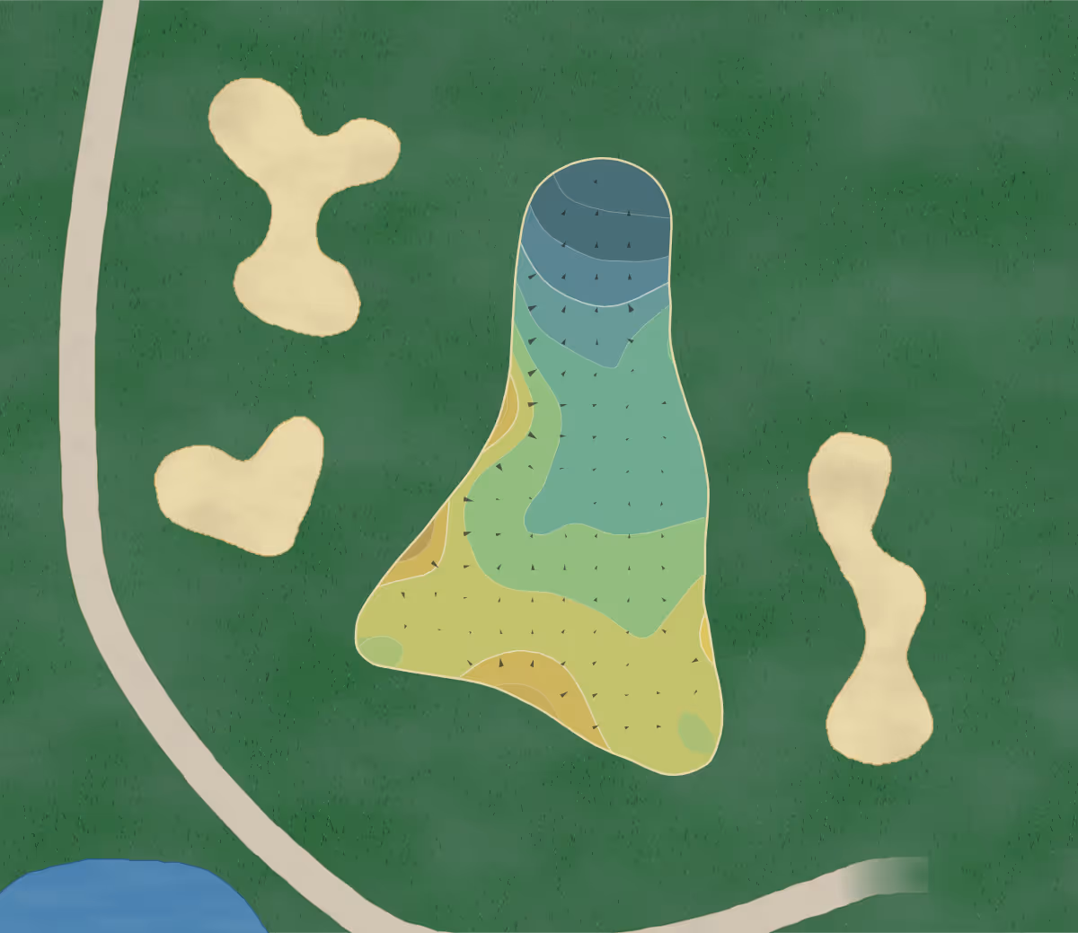 Green contour map of Odyssey in Tinley Park, Illinois — 133 elevation contours at a 3-inch interval with fall-line arrows, traced from 1-meter lidar