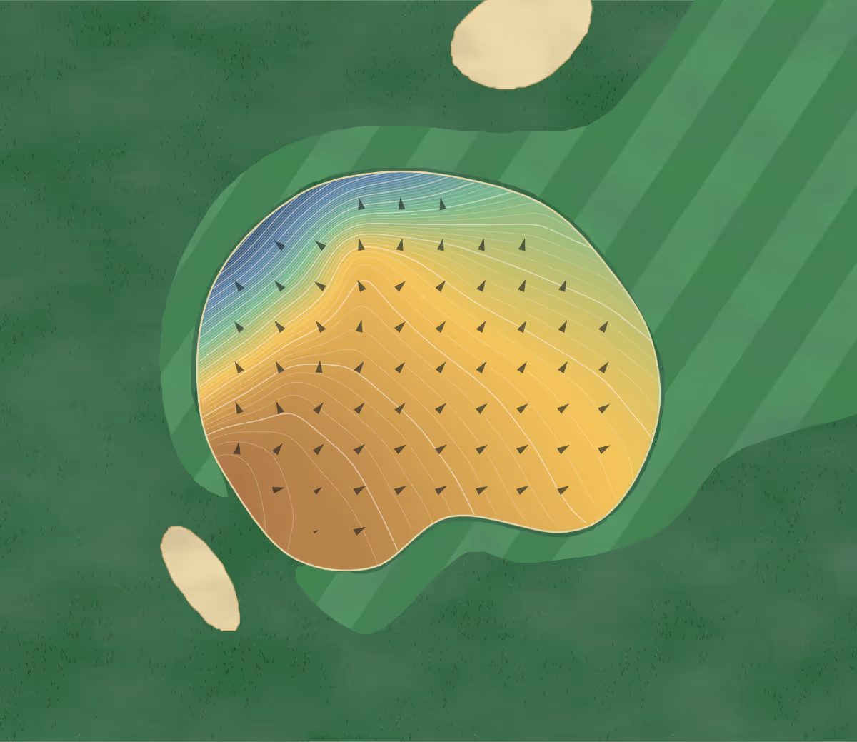 Green contour map of Ogura in Kishiwada, Japan: 281 elevation contours at a 8-centimeter interval with fall-line arrows, traced from 1-meter lidar
