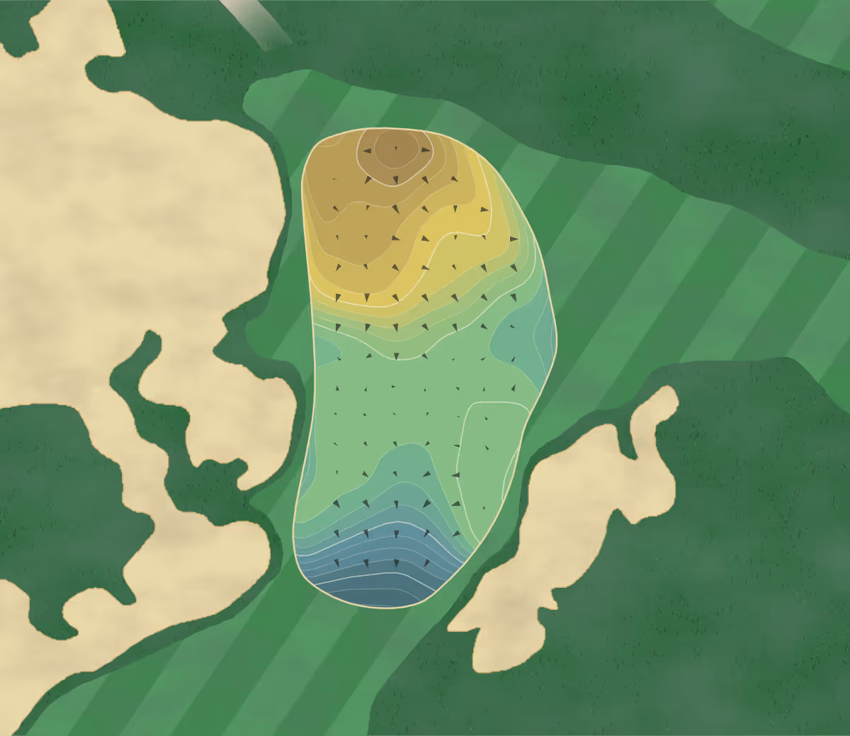 Green contour map of Ohoopee Match Club in Cobbtown, Georgia — 320 elevation contours at a 3-inch interval with fall-line arrows, traced from 1-meter lidar