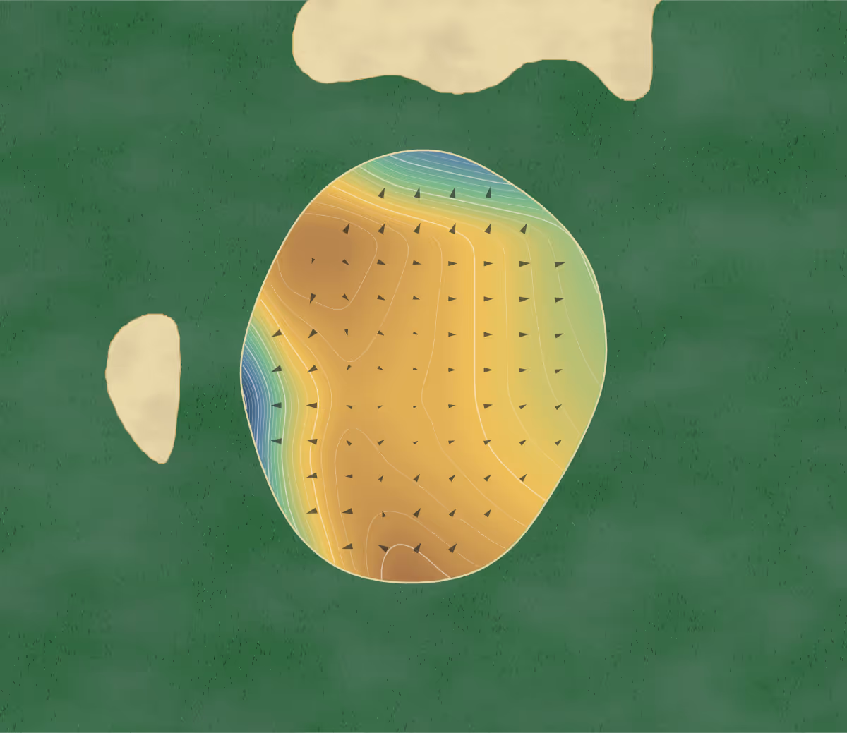 Green contour map of Oita Takenaka in Oita, Japan: 201 elevation contours at a 8-centimeter interval with fall-line arrows, traced from 1-meter lidar