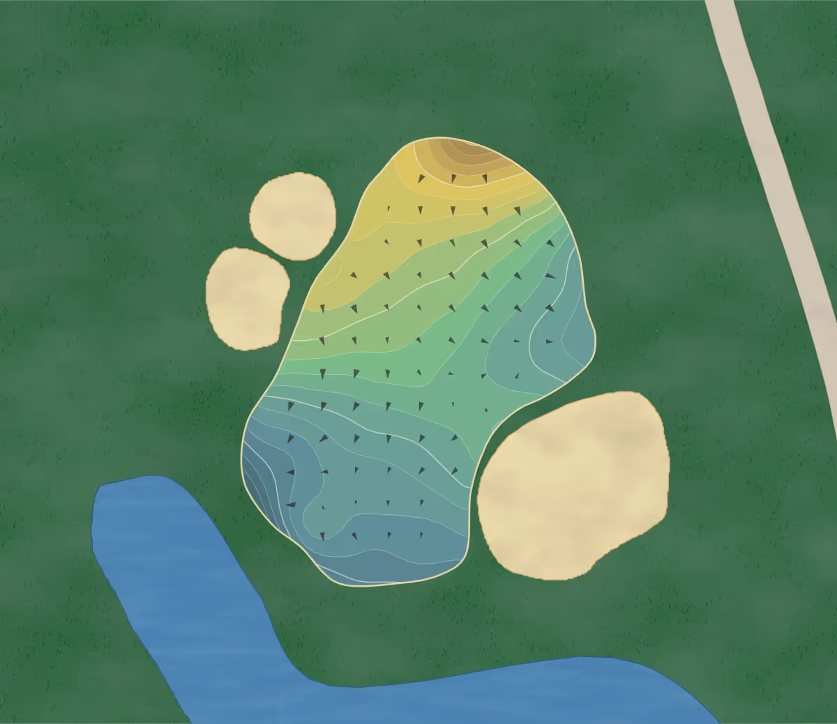 Green contour map of Okefenokee CC in Blackshear, Georgia — 258 elevation contours at a 3-inch interval with fall-line arrows, traced from 1-meter lidar