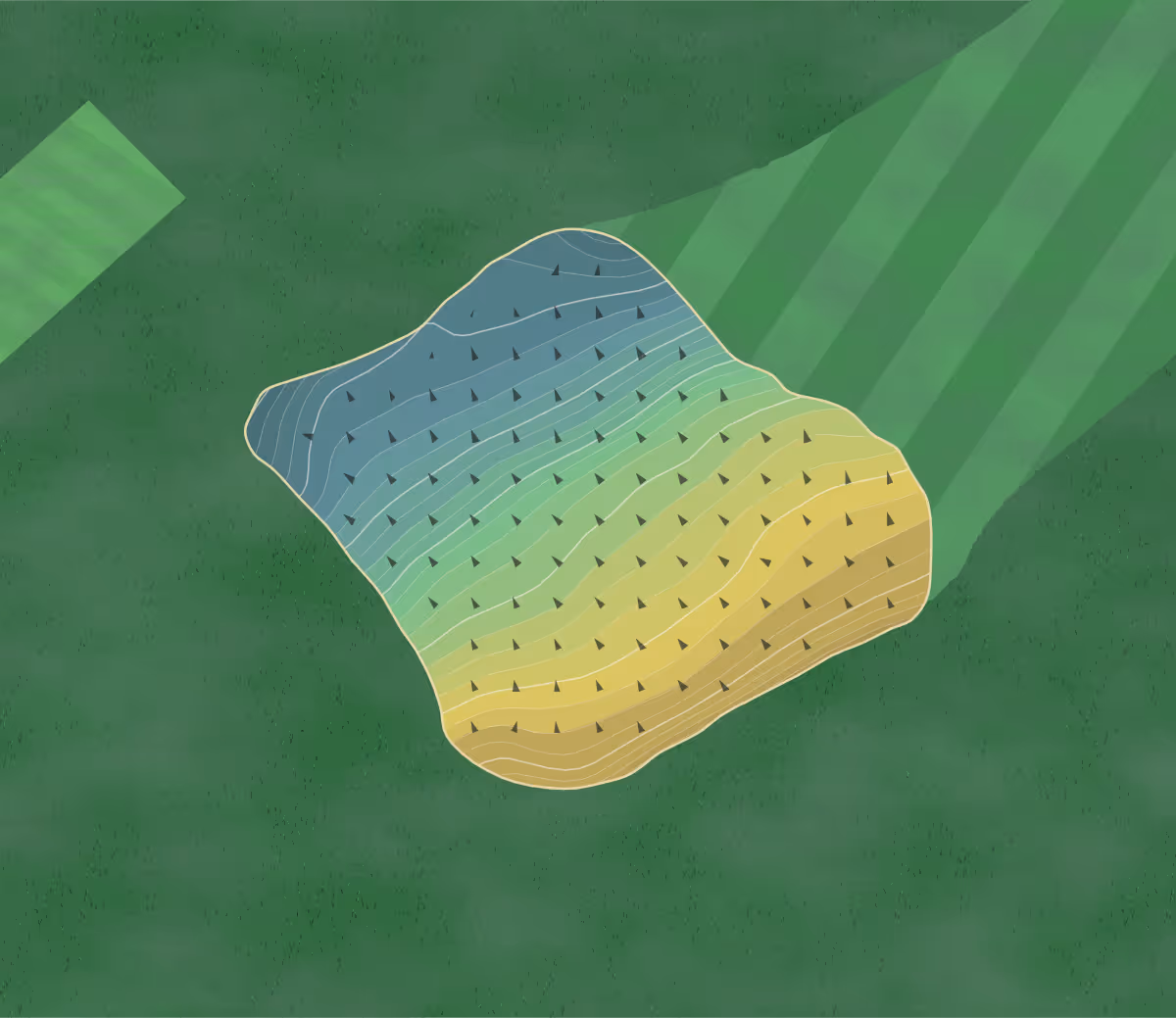 Green contour map of Okehampton GC in Okehampton, England — 252 elevation contours at a 8-centimeter interval with fall-line arrows, traced from 1-meter lidar