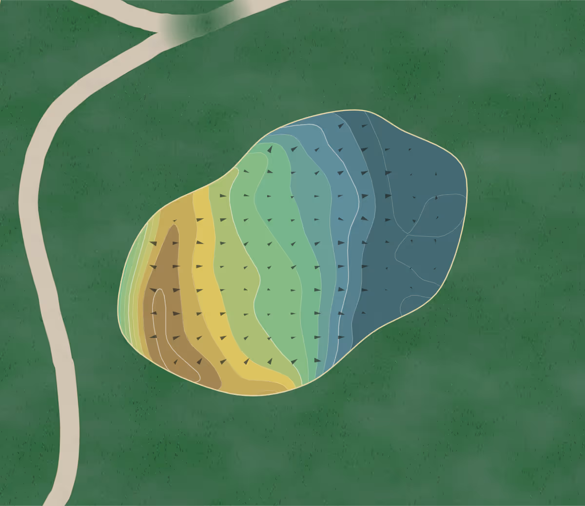 Green contour map of Old Avalon in Warren, Ohio — 147 elevation contours at a 3-inch interval with fall-line arrows, traced from 1-meter lidar