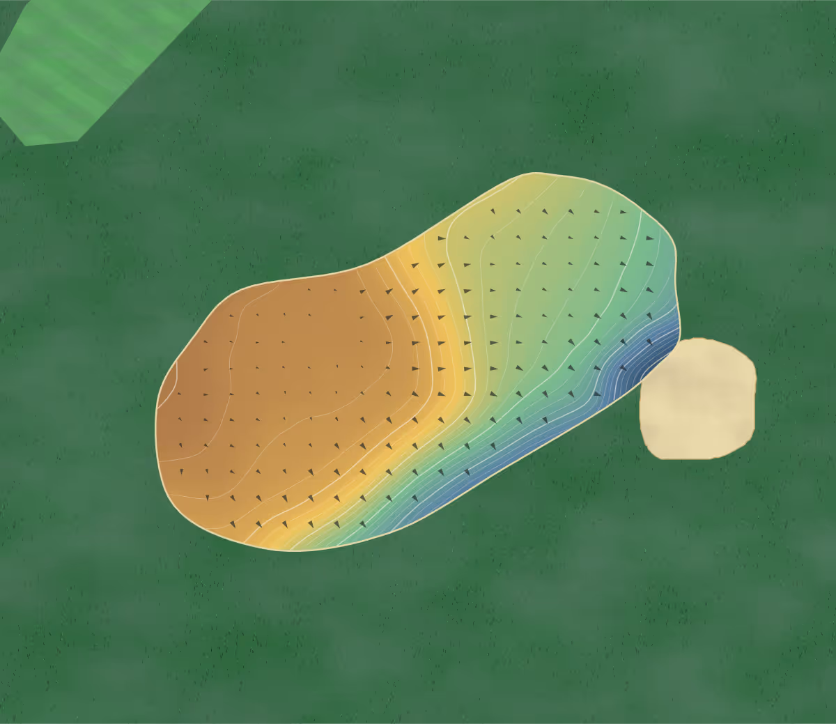 Green contour map of Old Conna in Bray, Ireland — 143 elevation contours at a 8-centimeter interval with fall-line arrows, traced from 1-meter lidar