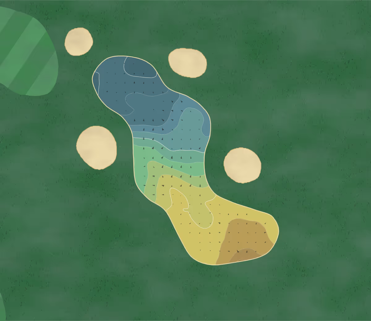 Green contour map of Old Course Loenen in Utrecht, Netherlands — 67 elevation contours at a 8-centimeter interval with fall-line arrows, traced from 1-meter lidar