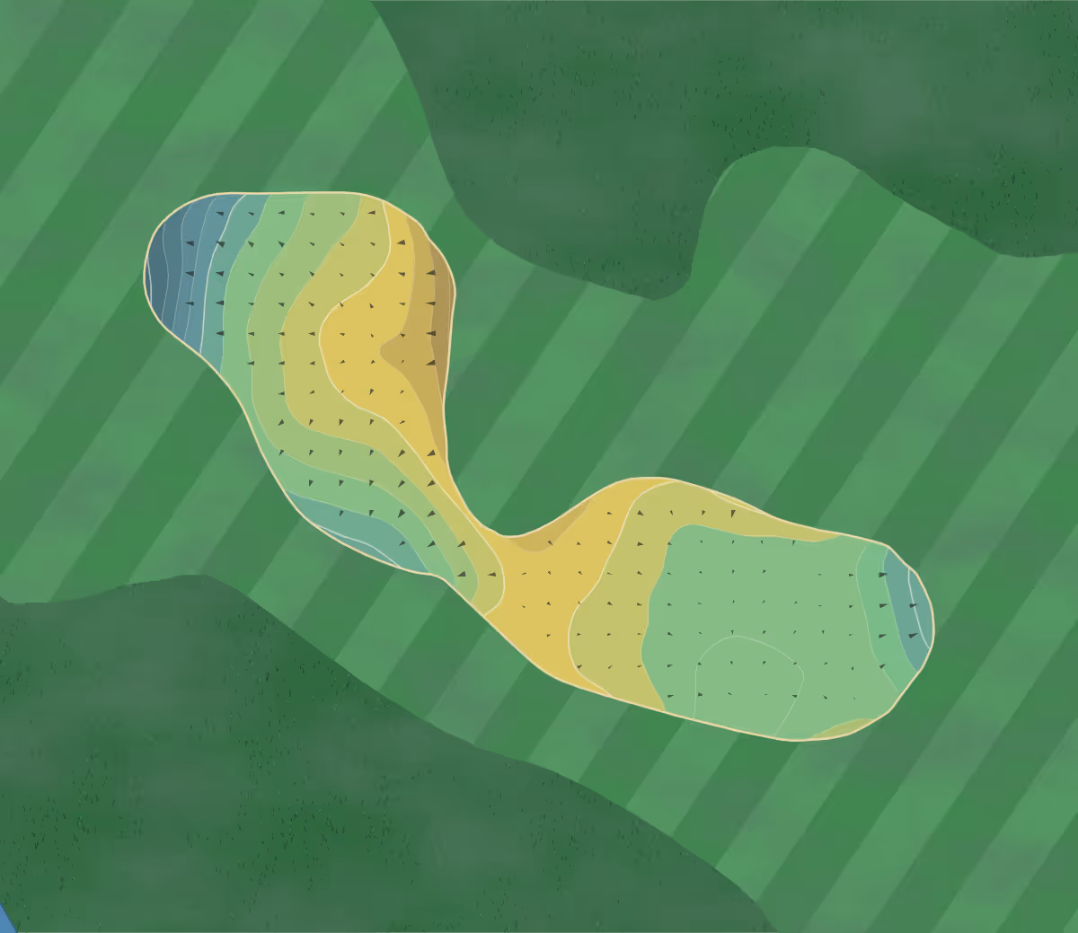 Green contour map of Old Fort in Murfreesboro, Tennessee — 147 elevation contours at a 3-inch interval with fall-line arrows, traced from 1-meter lidar