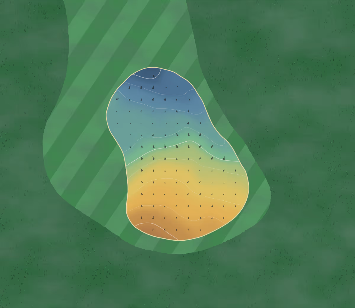 Green contour map of Old Joe's Golfing in Great Cornard, United Kingdom — 81 elevation contours at a 8-centimeter interval with fall-line arrows, traced from 1-meter lidar