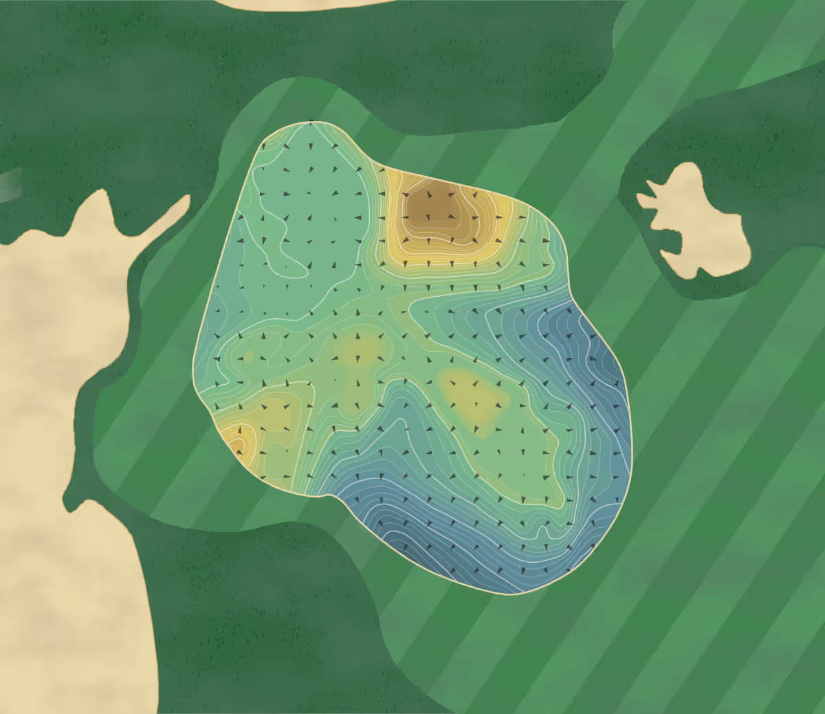 Green contour map of Old Macdonald in Bandon, Oregon — 362 elevation contours at a 3-inch interval with fall-line arrows, traced from 1-meter lidar